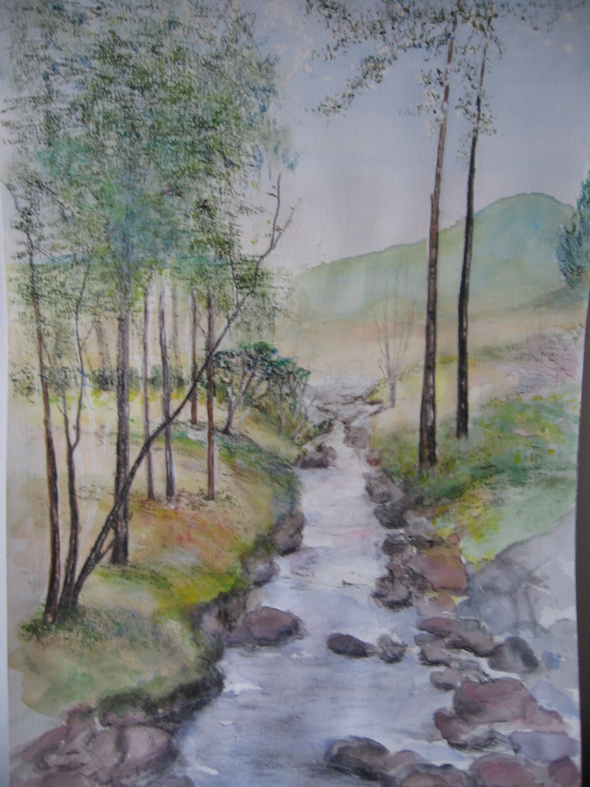 a painting of a stream in the woods